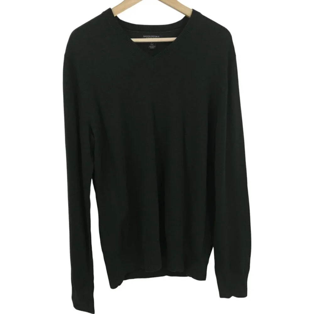 Banana Republic Extra Fine Merino Wool V Neck Green Pullover Sweater Size L Mens